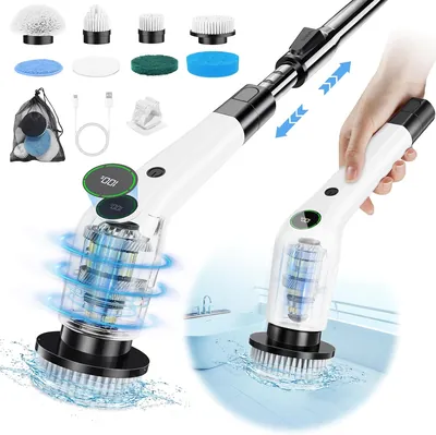PUFTEM electric spin scrubber with adjustable handle and 8 replaceable brush heads