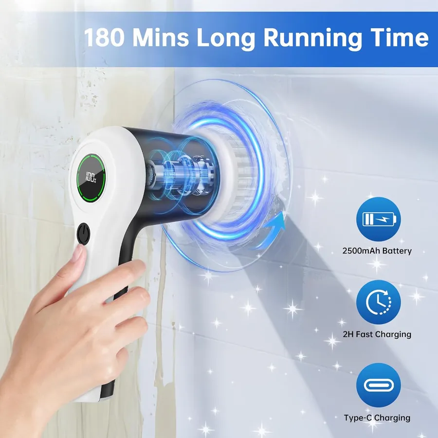 PUFTEM cordless electric scrubber – 180-minute runtime, 2500mAh battery, Type-C charging