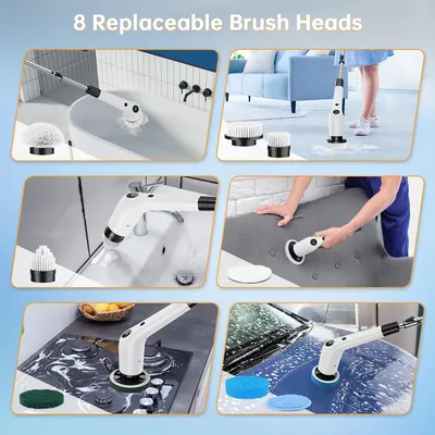 PUFTEM electric spin scrubber – 8 replaceable brush heads for tub, sink, stove, sofa and car