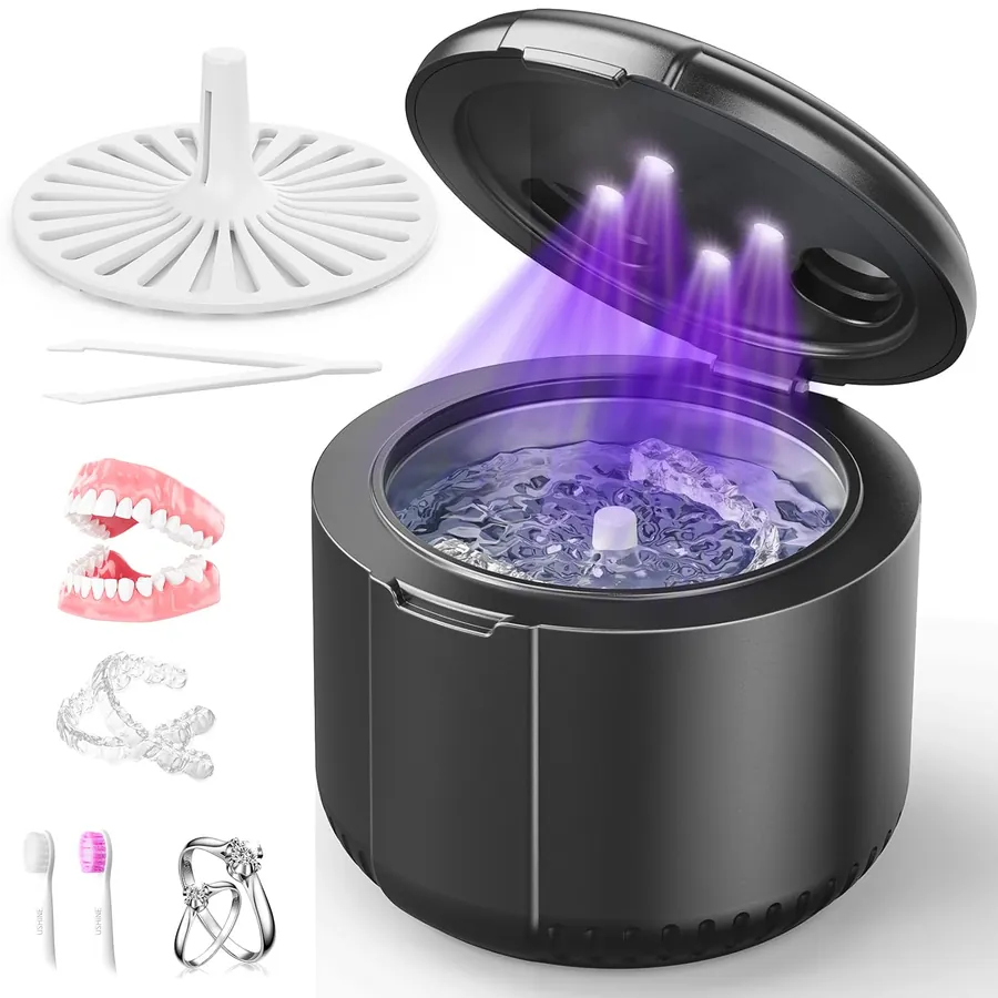 PUFTEM ultrasonic retainer cleaner – 45kHz dental cleaning pod with UV light, basket and tweezers
